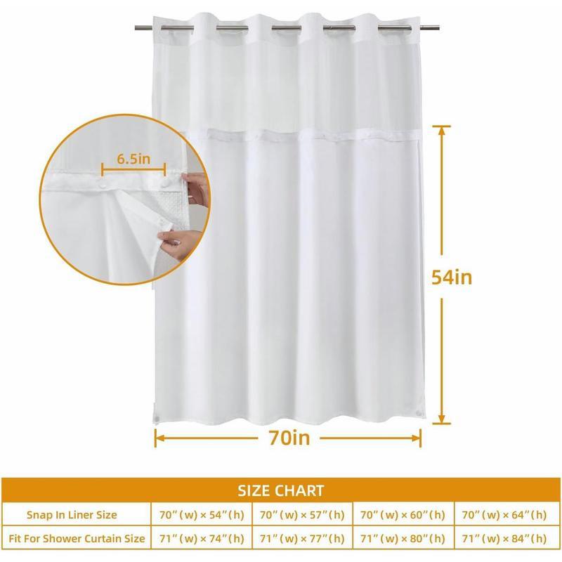 1 Pack White Fabric Snap-in Shower Curtain Liner Replacement - Compatible with No Hook Shower Curtain. Removable, Water-Repellent & Machine Washable (70x54).