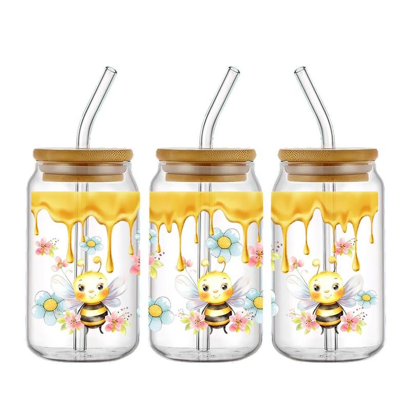 Bee & Flower Pattern UV DTF Cup Wraps Decals, 5 Counts set Waterproof Self-adhesive Stickers for 16 OZ Glass Can Wrap, DIY Transfer Stickers for Bee Lovers for Cups Bottles Glass