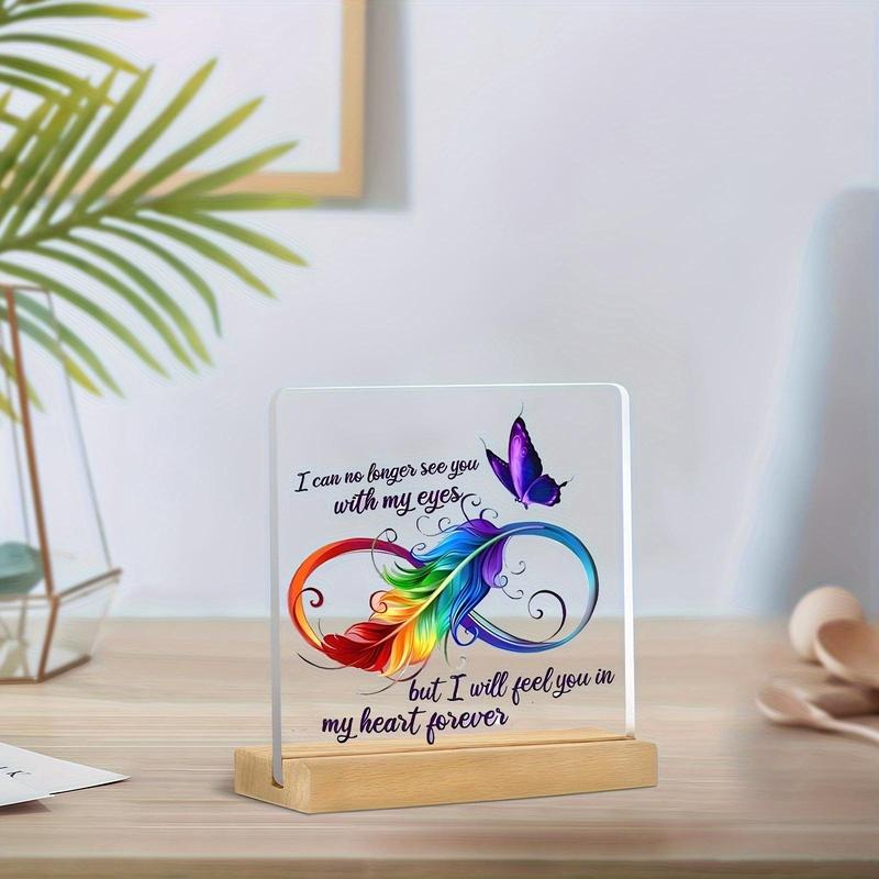 Butterfly & Feather & Letter Pattern Acrylic Plaque, Creative Wooden Base Desktop Ornament, Home Decor for Living Room Bedroom Office, Gifts Ideas