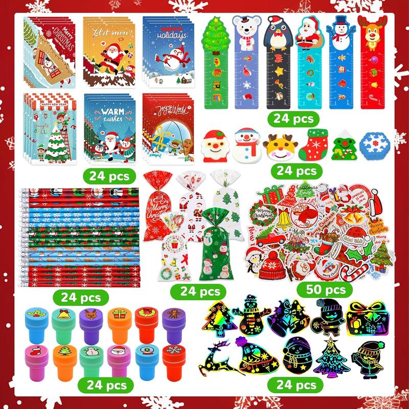 218Pcs Christmas Party Favors for Kids, Christmas School Stationery Set Christmas Goodie Bags Christmas Toys Bulk Classroom Prizes Christmas Stationery Kit for Party Gift Fillers