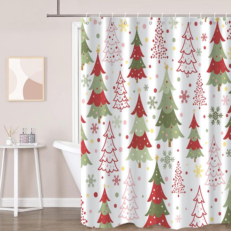 Merry Christmas Shower Curtain, Winter Xmas Tree Snowflake Holiday Red and Green Waterproof Fabric Machine Washable for Bathroom Bathtub Decor with Hooks 72