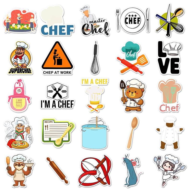 Cartoon Chef Pattern Sticker, 50pcs set Waterproof Self Adhesive Decor Paper, Decor Sticker for Gift Greeting Card Water Bottle Laptop Phone