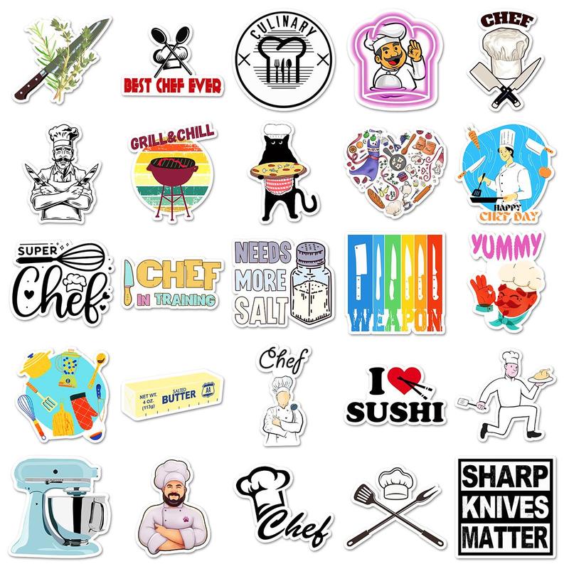 Cartoon Chef Pattern Sticker, 50pcs set Waterproof Self Adhesive Decor Paper, Decor Sticker for Gift Greeting Card Water Bottle Laptop Phone