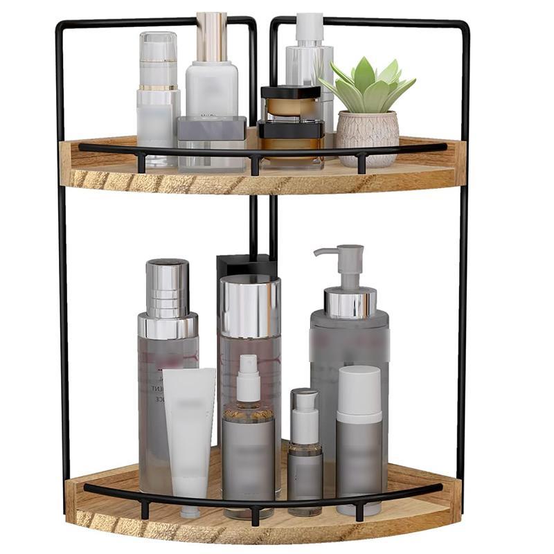 2-layer Corner Storage Rack, Wooden Iron Countertop Storage Holder, Home Organizer for Bathroom Kitchen Bedroom, Home Decor