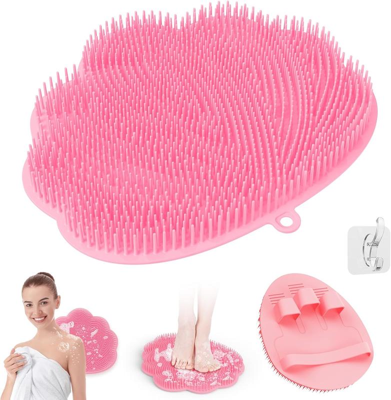 Upgrade Shower Foot  Scrubber & Bath Glove Set(2 PCS), Hands-Free  Scrubber for Shower, Wall-Mounted Shower Brush with  &  Scrubber and Free Adhesive Hook. (Pink)