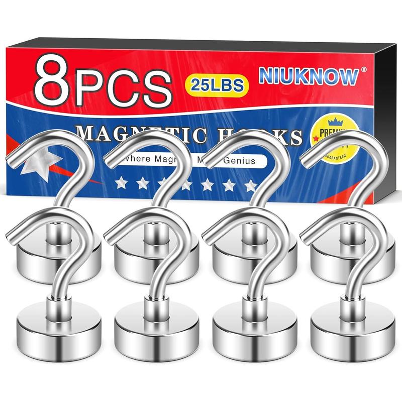 8Pack Heavy Duty Magnetic Hooks, 25 lbs Strong Neodymium Magnet Hooks for Hanging, Magnet with Hook for Cruise, Grill, Fridge