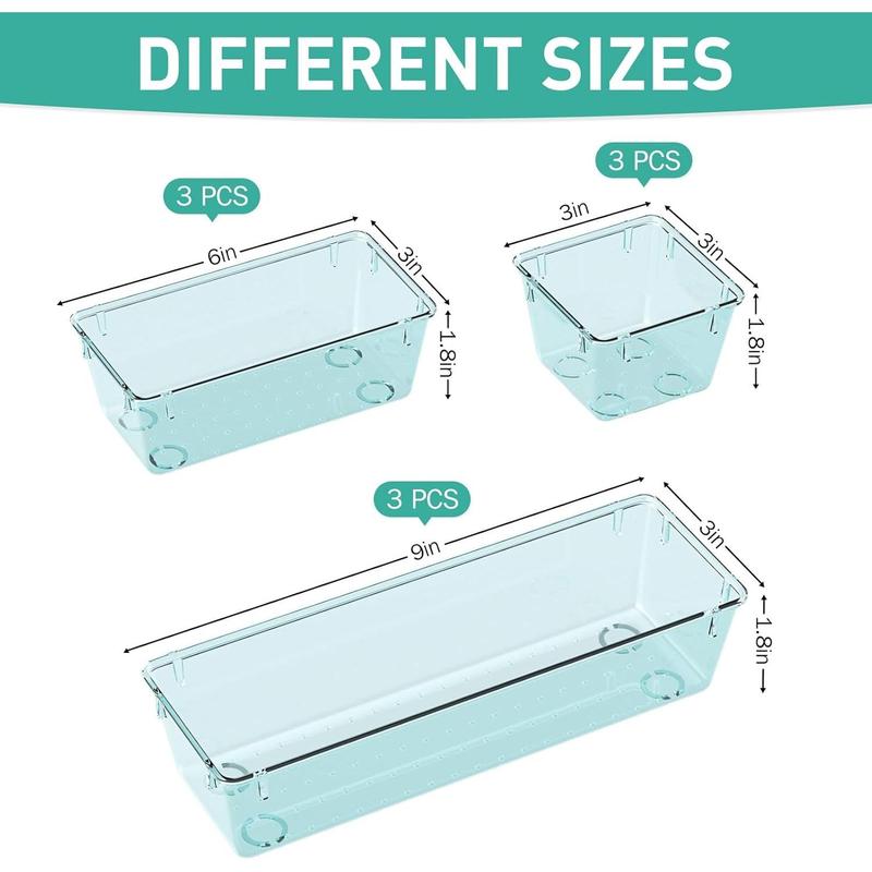 9 Pack Clear Drawer Organizer Set, Acrylic Drawer Storage Trays, Storage Bins for Makeup, Cosmetics, Jewelries, Utensils, Gadgets, Office, Sea Blue Boxes