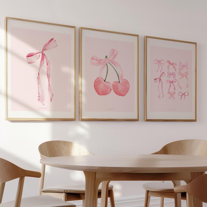 LARKINROAD Pink Set of 3, Coquette Preppy Wall Decor with Bows and Cherry Design Ornaments Decoration Ornaments unframed poster