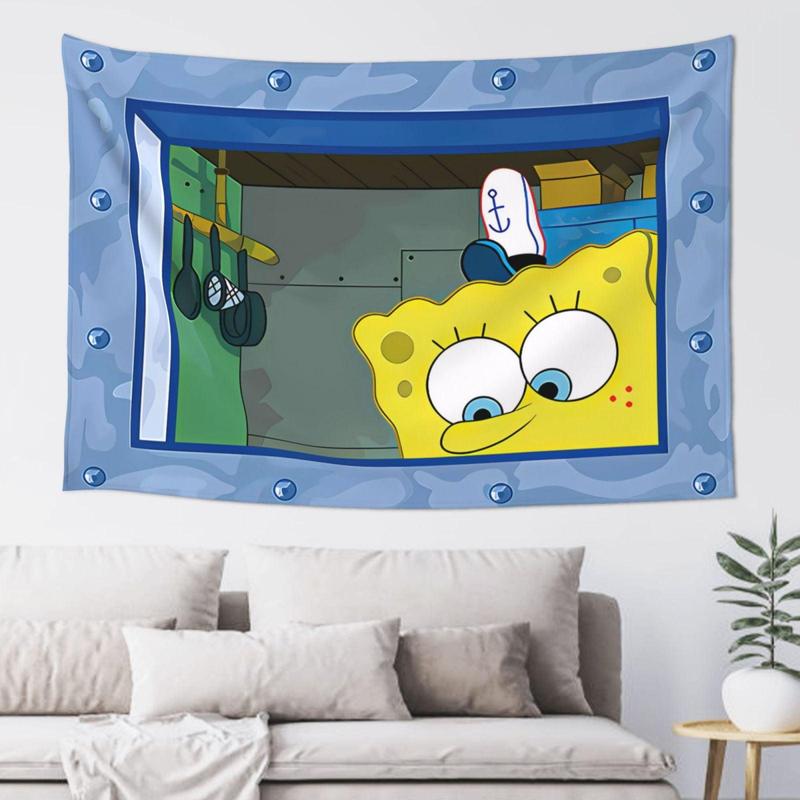 Spongebob Squarepants Peeking Funny Pictures Tapestry , Cartoon Squidward College Dorm Flag For Room Man Cave Frat Wall Outdoor Decor Flag