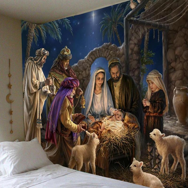 Nativity Scene Pattern Tapestry, 1 Count Wall Hanging Decorative Tapestry, Wall Art for Home Living Room Bedroom Office School Decor