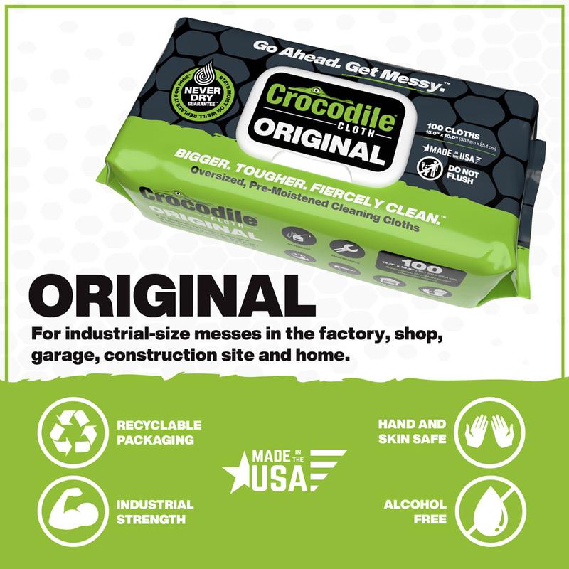 Original (100 Cloths) - Crocodile Cloth Industrial Hand & Tool Cleaning Wipes - Heavy-Duty 15in x 10in Multi-Surface Cleaning. Safe on Skin.