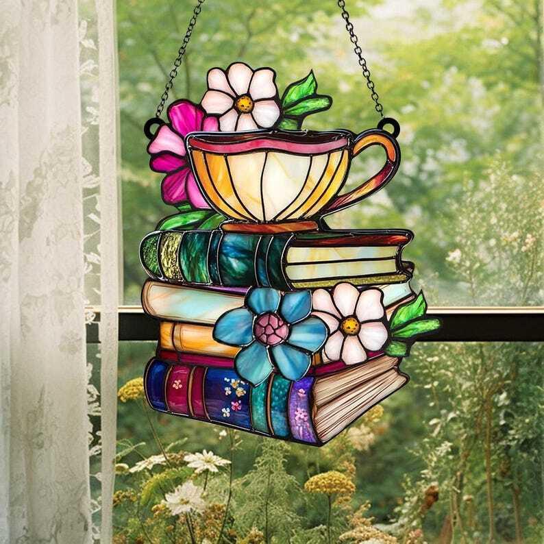 Flower Book And Tea - Personalized Window Hanging Suncatcher Ornament 2024, Gift For Book Lover, Custom Bookshelf Ornament, Christmas Gift