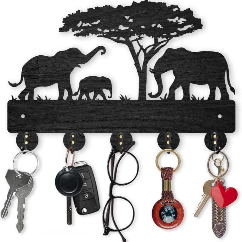 Elephant Design Wooden Wall Hook, 1 Count Modern Wall Mounted Key Holder with 5 Alloy Hooks, Versatile Room Decor for Various Room Types