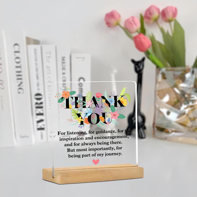 Acrylic Thank You Plaque with Wooden Stand, 1 Count Creative Floral Pattern Desktop Ornament with Mini Greeting Card, Home Decor for Living Room Bedroom Office, Gift for Friend & Family