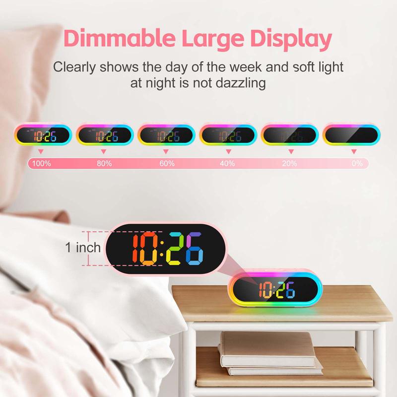 Pink Girls Alarm Clock for Bedroom, Dimmable Colorful Night Light & LED Display, Dual Alarm, Daily Weekday Weekend Alarm, 6 Auto-Off Timer, 7 Ringtones, Small Bedside Digital Clock for Kids Decor Set