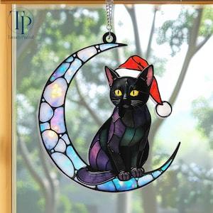 Cat On Moon 2D Acrylic Window Hanging, Black Cat Ornament, Cat Lovers Gift,  Wall Hanging Home Decor, Christmas Tree Decor