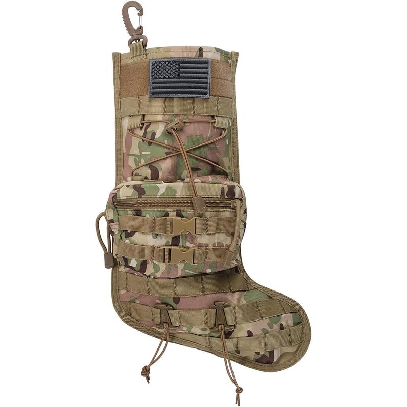 Tactical Christmas Stocking, with Flag Patch MOLLE Webbing, Zip Pocket, MOLLE Clips, Gift for Veterans Military Patriotic and Outdoorsy People, Khaki Camouflage