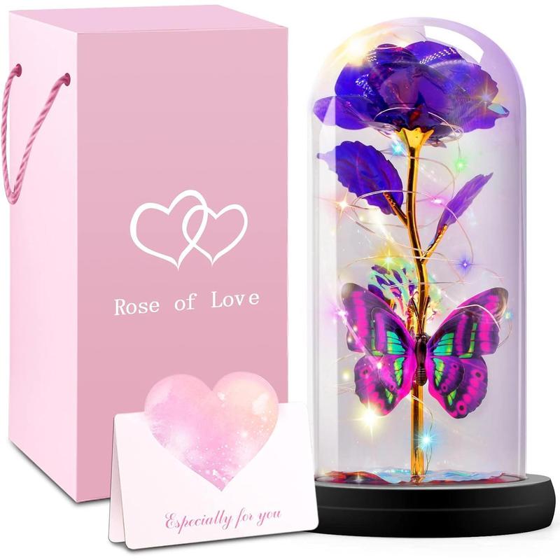 Glass Rose, for Mom, Father's Day Valentines Day Gifts for Her with Greeting Card, Galaxy Purple Butterfly Eternal Rose in A Glass Dome