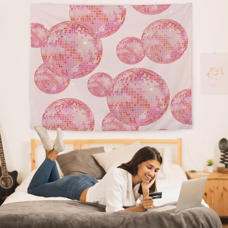 Disco Ball Tapestry Pink Preppy Trendy Retro Aesthetic Tapestry Wall Hanging for Teen Girls Room Bedroom College Dorm, Disco Ball Decor, Pink Wall Decor, Pink Room Decor Aesthetic, 50x60 Inches