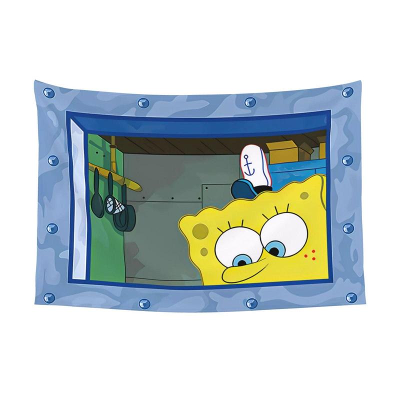 Spongebob Squarepants Peeking Funny Pictures Tapestry , Cartoon Squidward College Dorm Flag For Room Man Cave Frat Wall Outdoor Decor Flag