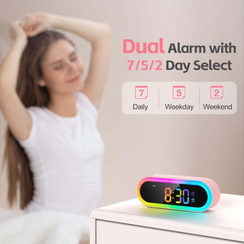 Pink Girls Alarm Clock for Bedroom, Dimmable Colorful Night Light & LED Display, Dual Alarm, Daily Weekday Weekend Alarm, 6 Auto-Off Timer, 7 Ringtones, Small Bedside Digital Clock for Kids Decor Set