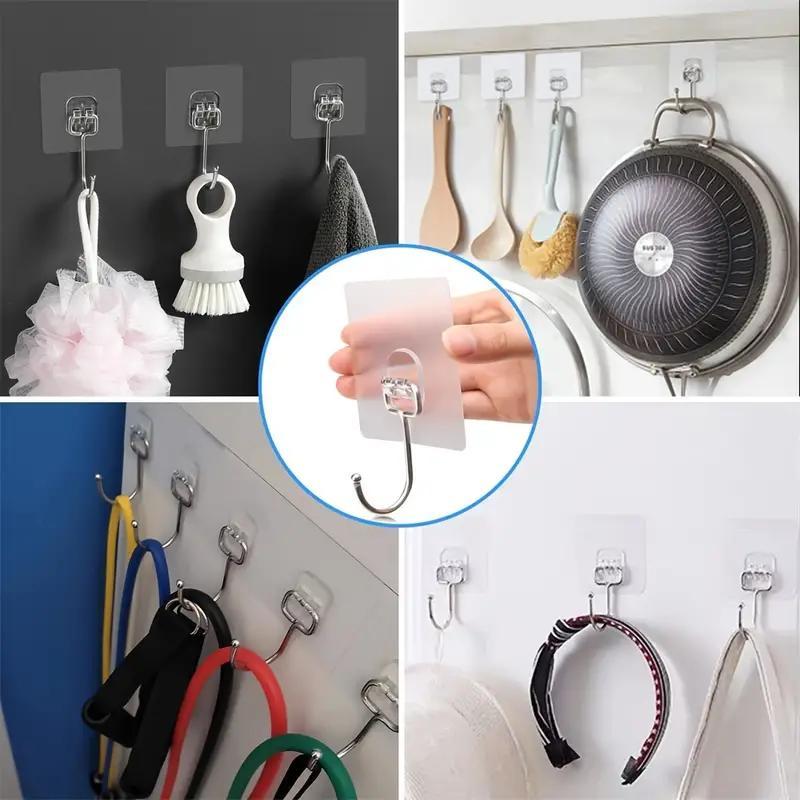 Clear Wall Mounted Hook, 10pcs Stainless Steel Self Adhesive Hook, Multifunctional Storage Hook for Bathroom & Kitchen & Home