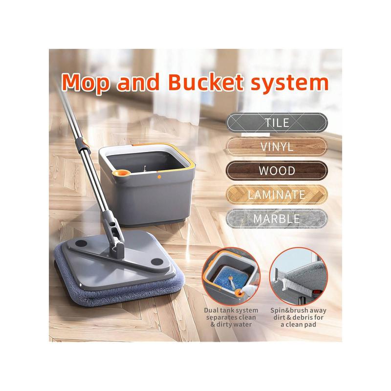 Spin Mop And Bucket, Mop And Bucket With Wringer Set For Home Cleaning Mops With Separate Dirty And Clean Water Wet And Dry Mop For Floors (Square Spin Mop, 2 Washable Microfiber Mop Pads)