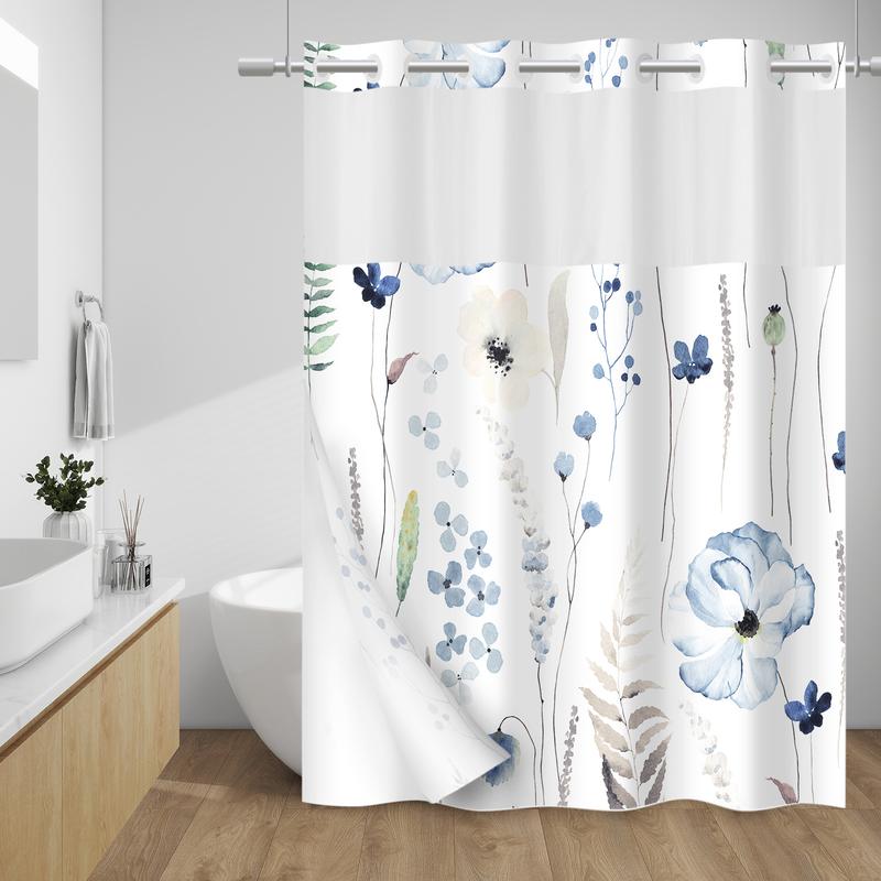 WITHLOC No Hook Shower Curtain with Snap in Liner - Floral Shower Curtain - Fabric Waterproof Inner Liner, Plants Watercolor Modern Cloth Shower Curtains - Machine Washable, 71 x 74 Inch 71 x 86 Inch