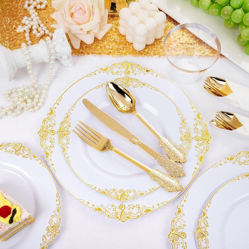 Nervure 175PCS White and Gold Plastic Plates for 25 Guests,include 25Dinner Plates,25 Cups,25Forks ,25Knives,25Napkins for Wedding&Party