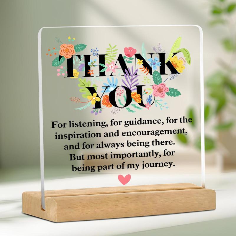 Acrylic Thank You Plaque with Wooden Stand, 1 Count Creative Floral Pattern Desktop Ornament with Mini Greeting Card, Home Decor for Living Room Bedroom Office, Gift for Friend & Family