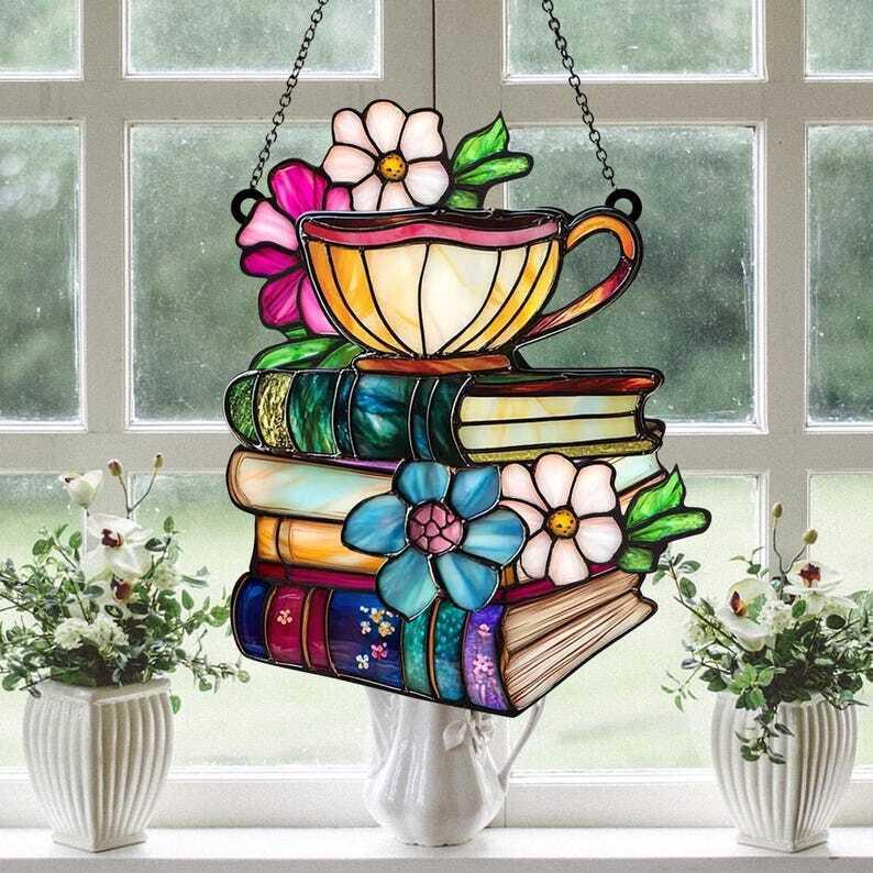 Flower Book And Tea - Personalized Window Hanging Suncatcher Ornament 2024, Gift For Book Lover, Custom Bookshelf Ornament, Christmas Gift