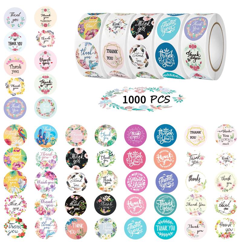 Thank You Sticker (1000pcs 5 Rolls), Flower & Letter Pattern Decorative Sticker, Waterproof Self Adhesive Decor Paper for Gift Wrapping