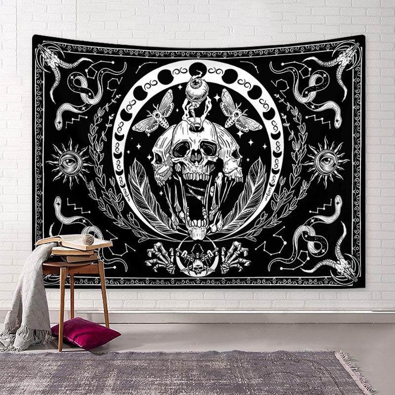 Skeleton Tapestry, 1 Count Skull Black Wall Hanging Snake Moth Wall Towel, Aesthetic Wall Art Decor Hippie Tapestry for Bedroom Living Room