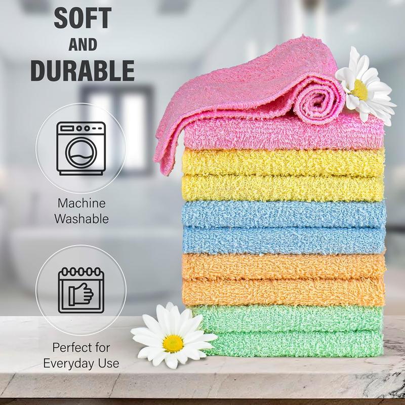 10 Pack 100% Cotton Wash Cloth, Luxurious Soft, 12 x 12 inch Ultra Absorbent, Machine Washable Washcloths, Assorted Colors (10 Pack)