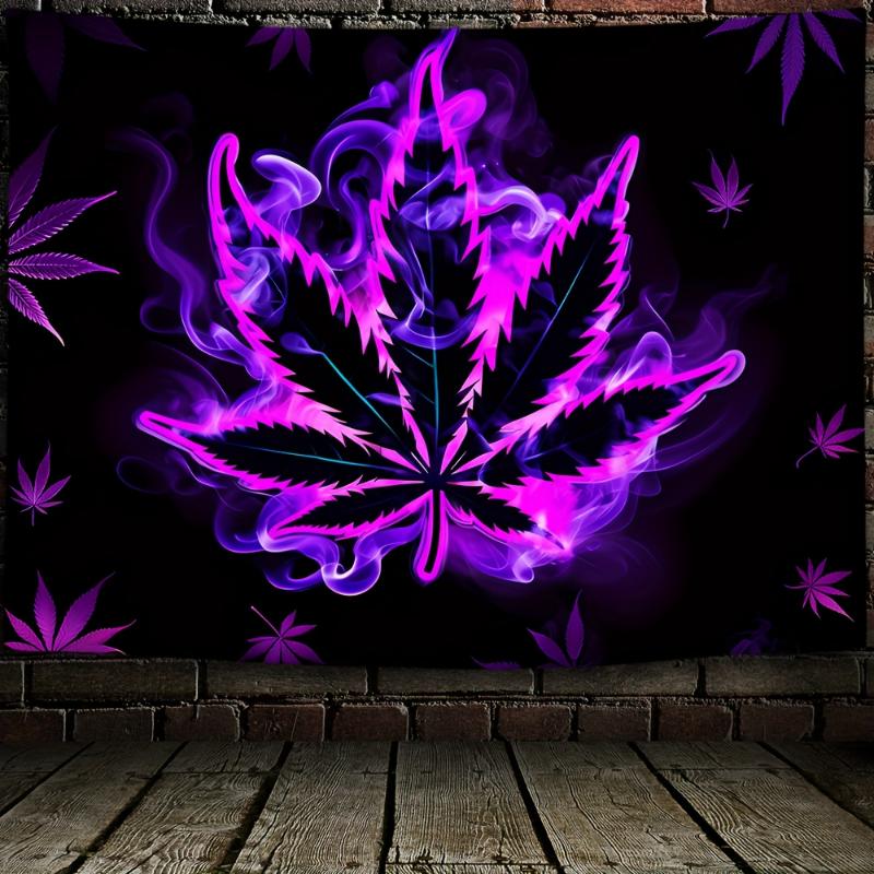  1pc Vibrant Purple Leaf Fluorescent Tapestry - Aesthetic Polyester UV BlackLight Wall Hanging for Living Room, Bedroom, Office, Home Decor, Room Decor, Party Deco - Festival Gift with  Installation Package and Easy to Hang