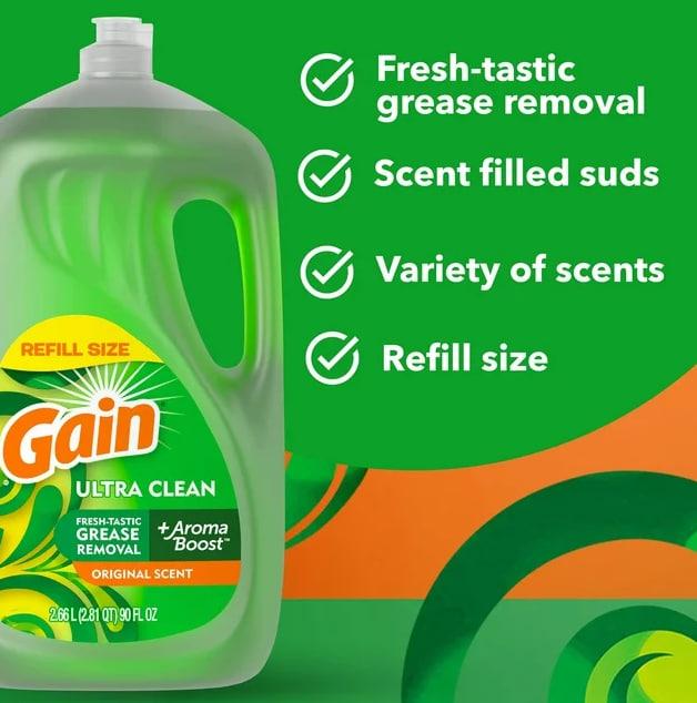 Gain Ultra Dishwashing Liquid Dish Soap, Original Scent, 90.0 fl oz (4.5) 4.5 stars out of 1896 reviews 1,896 reviews