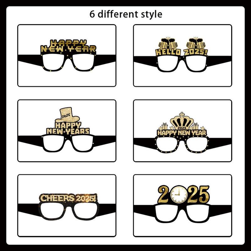 New Year 2025 Paper Eyeglasses, 6 Counts set Happy New Year Letter Pattern Glasses, Party Decoration Supplies for Birthday Party Holiday