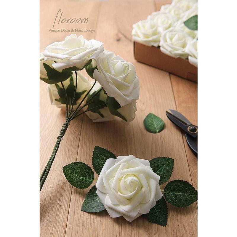 Floroom Artificial Flowers 25pcs Real Looking Ivory Foam Fake Roses with Stems for DIY Wedding Bouquets White Bridal Shower Centerpieces Arrangements Party Tables Decorations