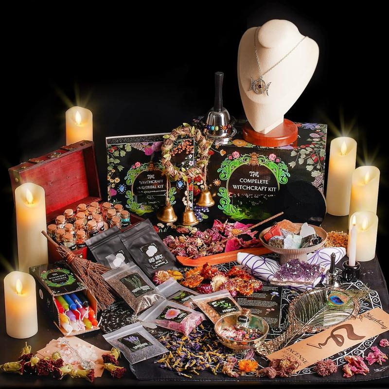 Witchcraft Supplies Kit, 145Pack Wiccan Supplies and Tools Witchy Gifts for Beginners, Dried Herbs, Crystals, Candles, Green Witch Altar Starter Spell