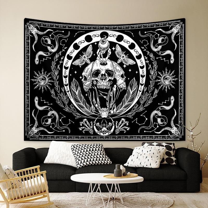 Skeleton Tapestry, 1 Count Skull Black Wall Hanging Snake Moth Wall Towel, Aesthetic Wall Art Decor Hippie Tapestry for Bedroom Living Room