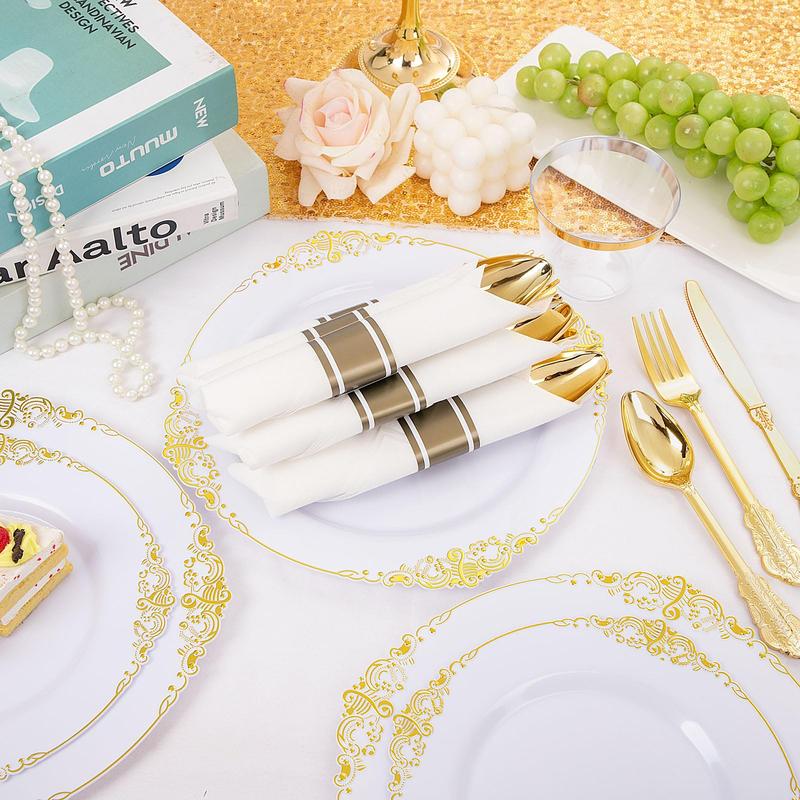 Nervure 175PCS White and Gold Plastic Plates for 25 Guests,include 25Dinner Plates,25 Cups,25Forks ,25Knives,25Napkins for Wedding&Party