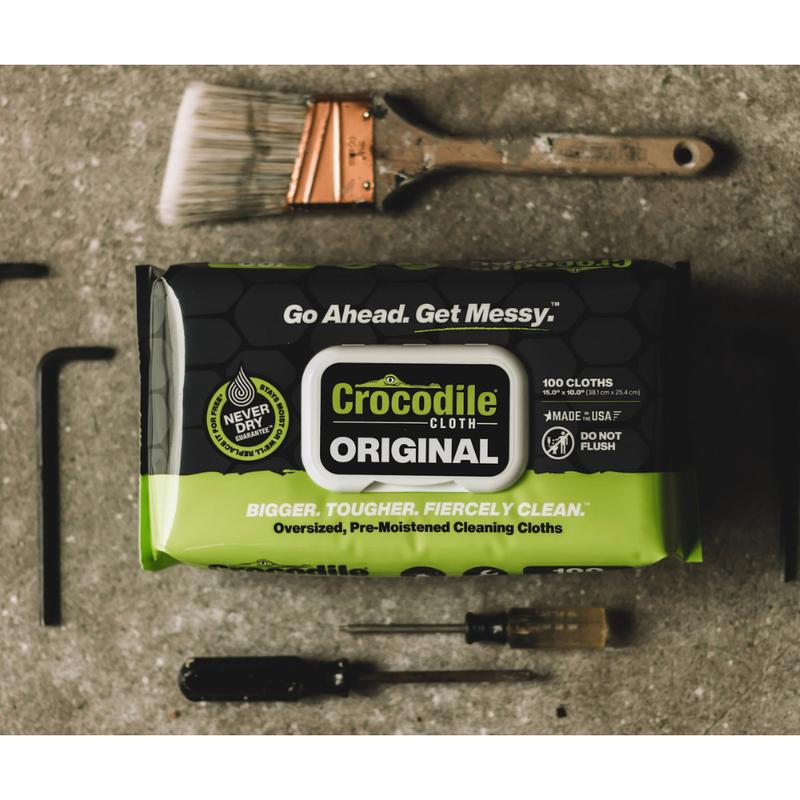 Original (100 Cloths) - Crocodile Cloth Industrial Hand & Tool Cleaning Wipes - Heavy-Duty 15in x 10in Multi-Surface Cleaning. Safe on Skin.