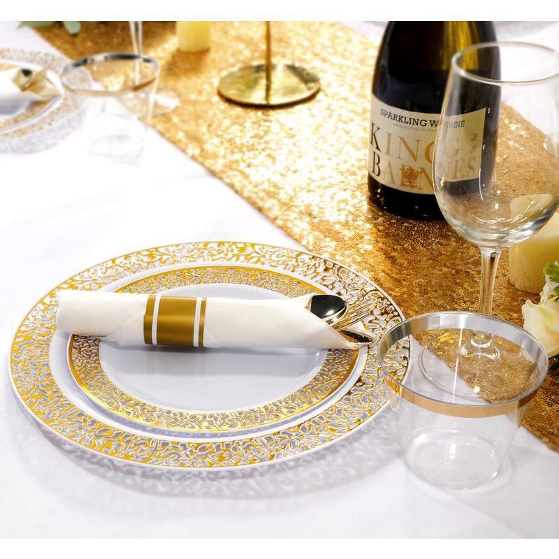 350 Pcs Gold Plastic Plates Disposable Silverware and Cups, Include:50 Dinner Plates 10.25”, 50 Dessert Plates 7.5” 50 Gold Rim Cups ,Gold Cutlery Set dinner plate