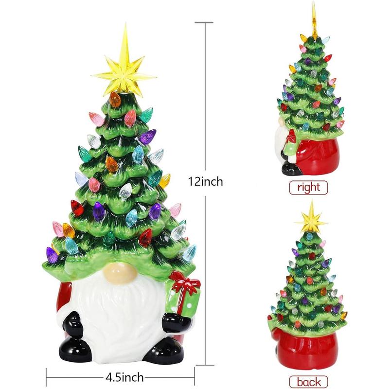 Christmas Decorations - 12” Lighted Up Gnomes Ceramic Christmas Tree with 46 Multicolored Lights - Small Mini Pre Lit Xmas Holiday Decor for Tabletop Home Room Table Fireplace Office