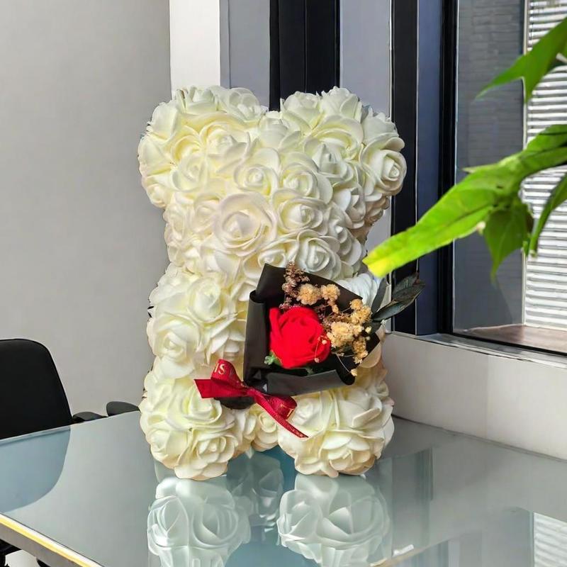 Artificial Rose Bear, 1 Count Cute Bear Shaped Rose Flower, Desktop Decorations for Home Office, Gift for Girlfriend, Mother, Wedding, Party