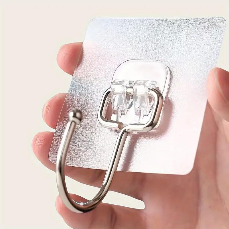 Clear Wall Mounted Hook, 10pcs Stainless Steel Self Adhesive Hook, Multifunctional Storage Hook for Bathroom & Kitchen & Home