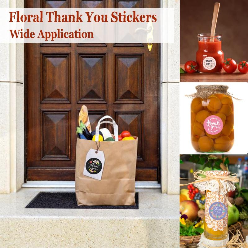 Thank You Sticker (1000pcs 5 Rolls), Flower & Letter Pattern Decorative Sticker, Waterproof Self Adhesive Decor Paper for Gift Wrapping