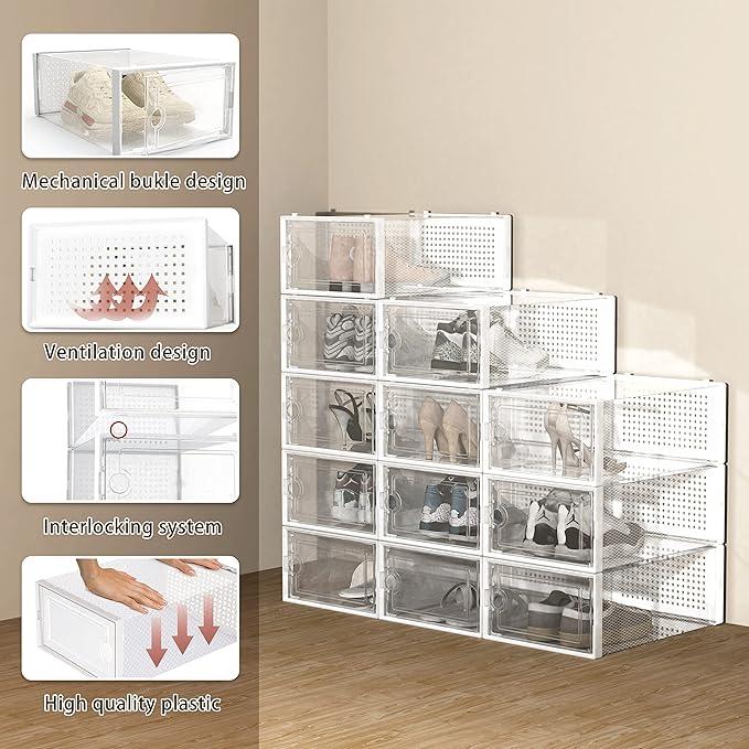 Hrrsaki Large 15 Pack Shoe Storage Organizer Boxes, Clear Shoe Boxes Stackable, Shoe Organizer for Closet, Shoe Storage Boxes for Entryway, White