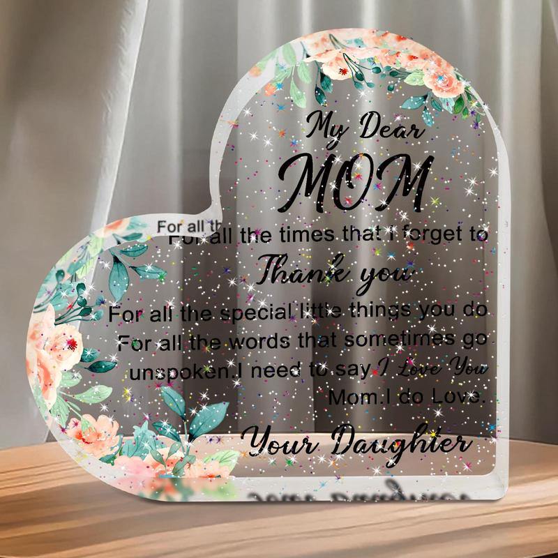 Flower & Letter Pattern Acrylic Heart Shaped Plaque, Creative Desktop Decoration Sign, Freestanding Acrylic Keepsake Gift for Mom