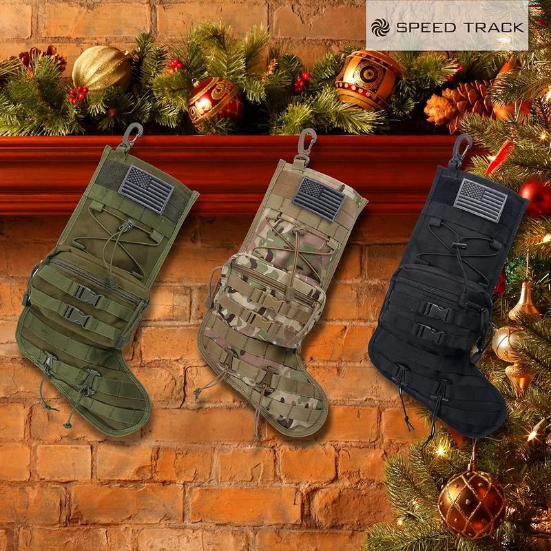 Tactical Christmas Stocking, with Flag Patch MOLLE Webbing, Zip Pocket, MOLLE Clips, Gift for Veterans Military Patriotic and Outdoorsy People, Khaki Camouflage